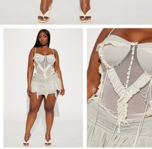 Fashion Nova Cream Ruffle Mesh Dress